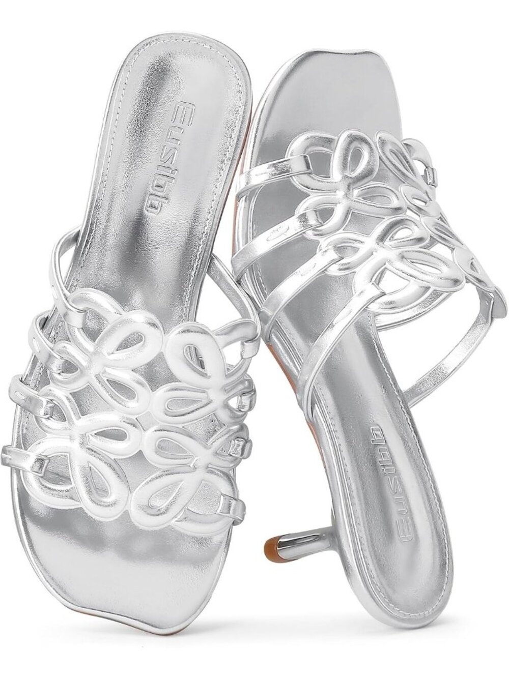 Women's Silver Rubber Strap Open Toe Kitten Heel Slip On Comfortable Sandals